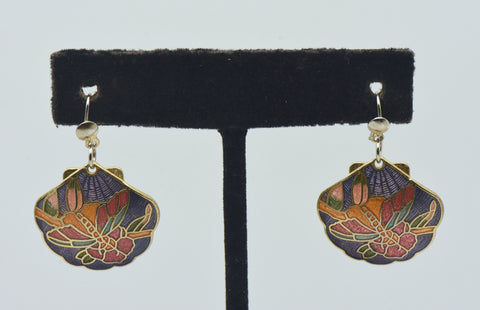 Vintage Enamel Butterfly and Floral Scallop Shell Dangle Earrings