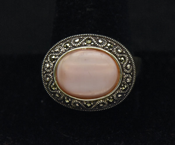 Vintage Pink Mother of Pearl Sterling Silver Ring - Size 12