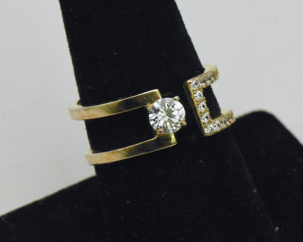 Vintage Unique Modern Design Gold Tone Sterling Silver CZ Ring - Size 8