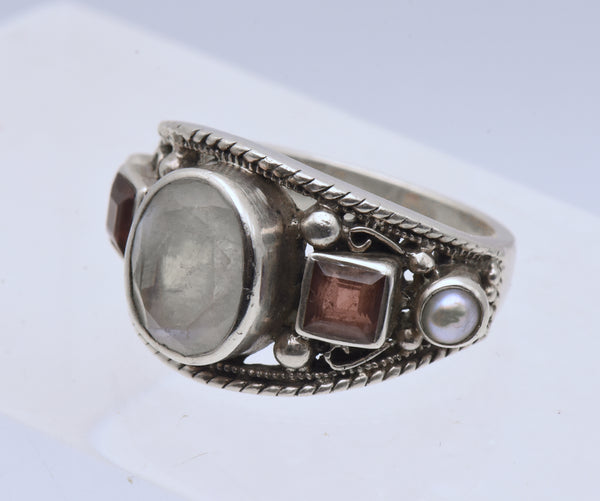 Nicky Butler - Vintage Moonstone, Garnets and Pearls Sterling Silver Ring - Size 7