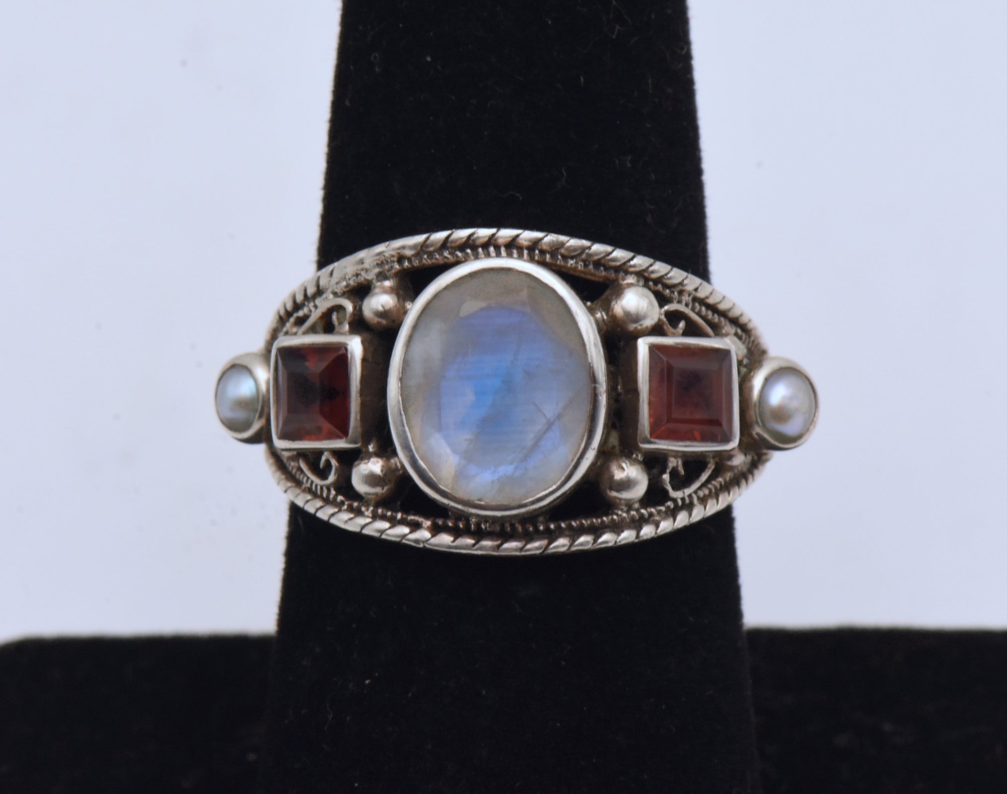 Nicky Butler - Vintage Moonstone, Garnets and Pearls Sterling Silver Ring - Size 7