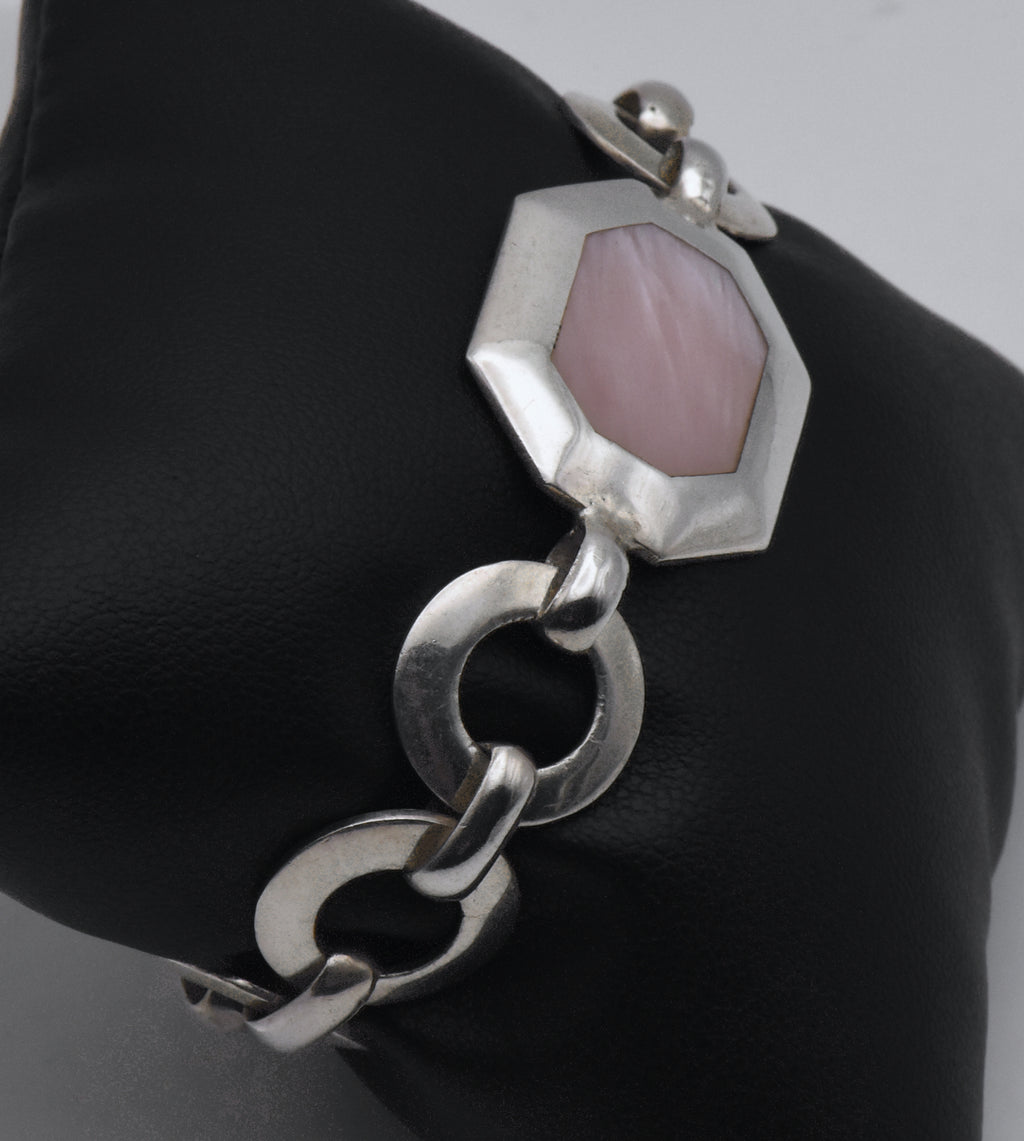 Vintage Sterling Silver and Pink Faux Mother of Pearl Link Bracelet - 7"