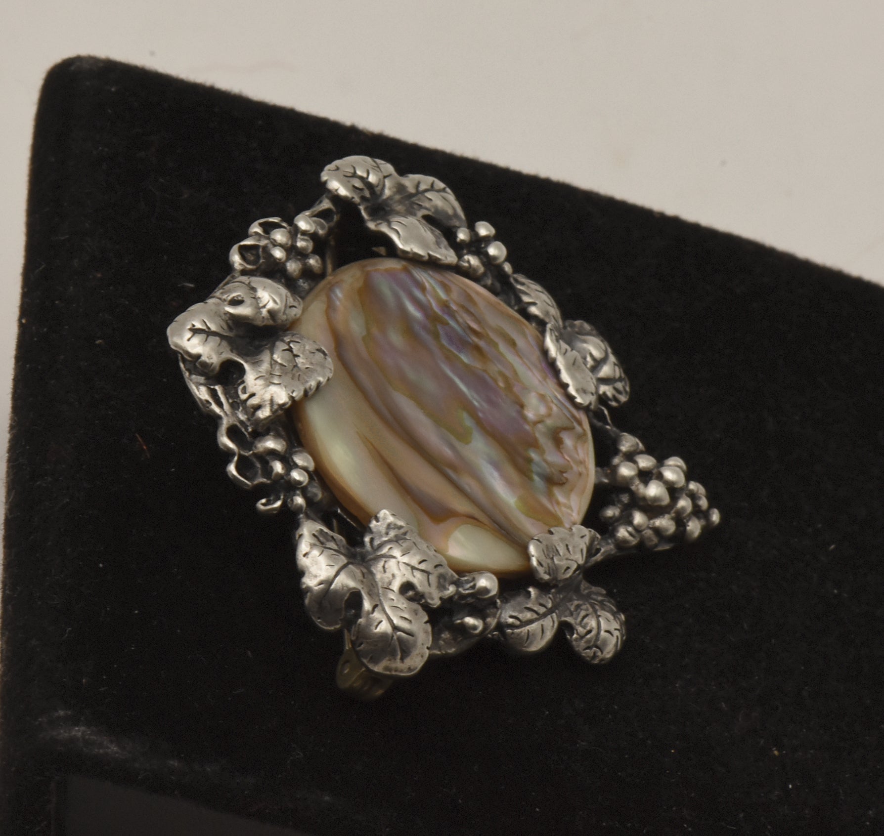 Vintage Sterling Silver Mother of Pearl Grapevine Brooch
