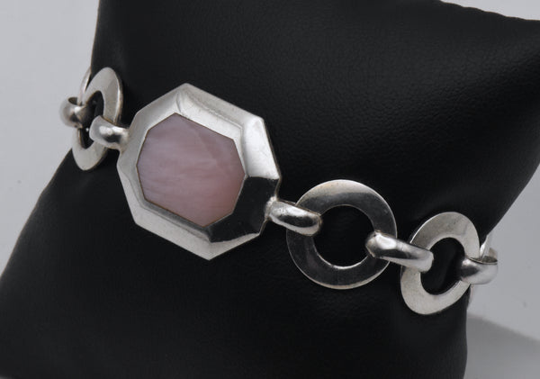 Vintage Sterling Silver and Pink Faux Mother of Pearl Link Bracelet - 7"