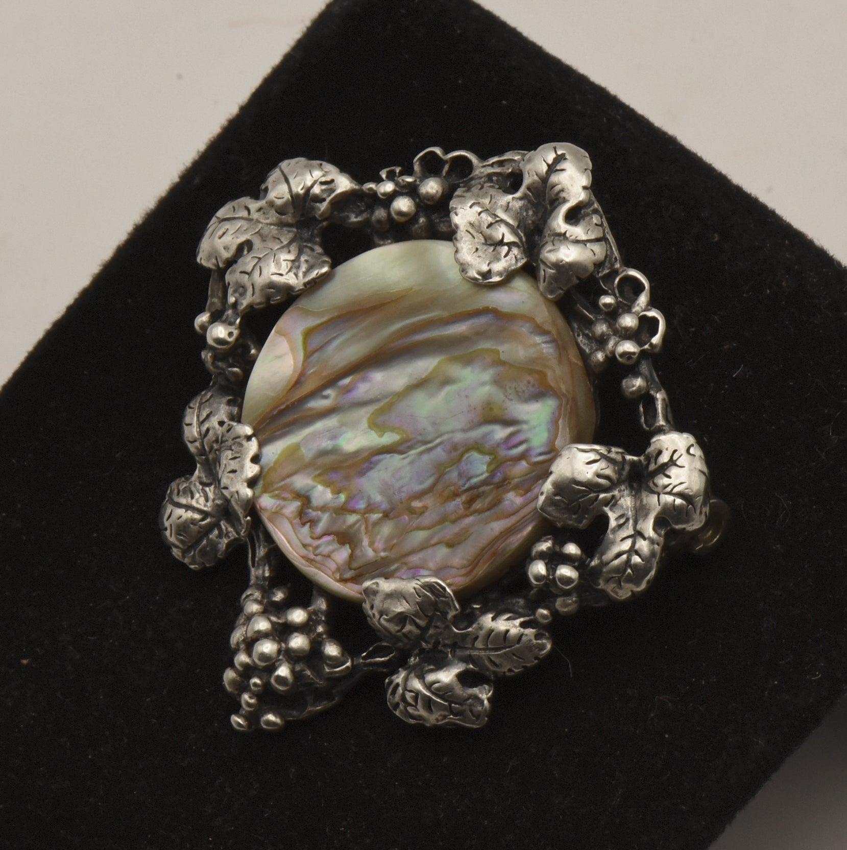 Vintage Sterling Silver Mother of Pearl Grapevine Brooch