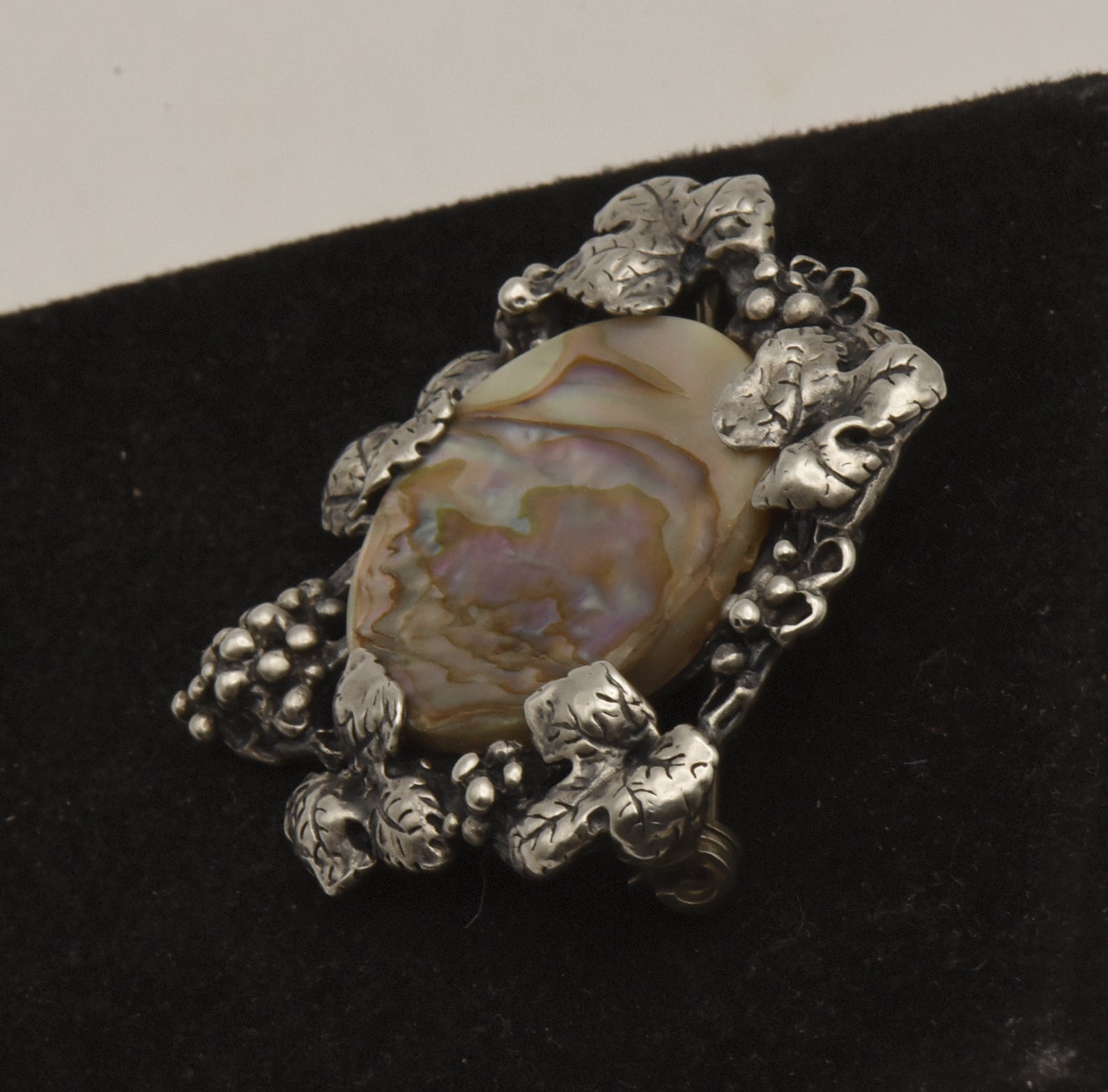 Vintage Sterling Silver Mother of Pearl Grapevine Brooch