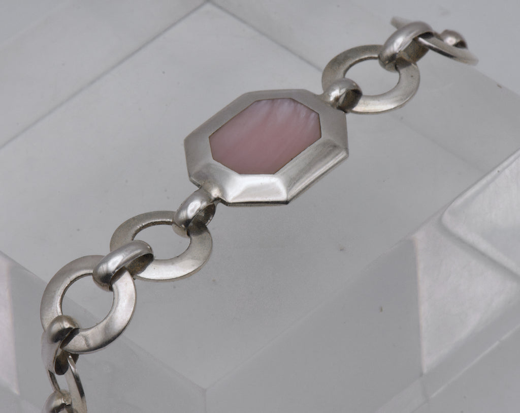 Vintage Sterling Silver and Pink Faux Mother of Pearl Link Bracelet - 7"