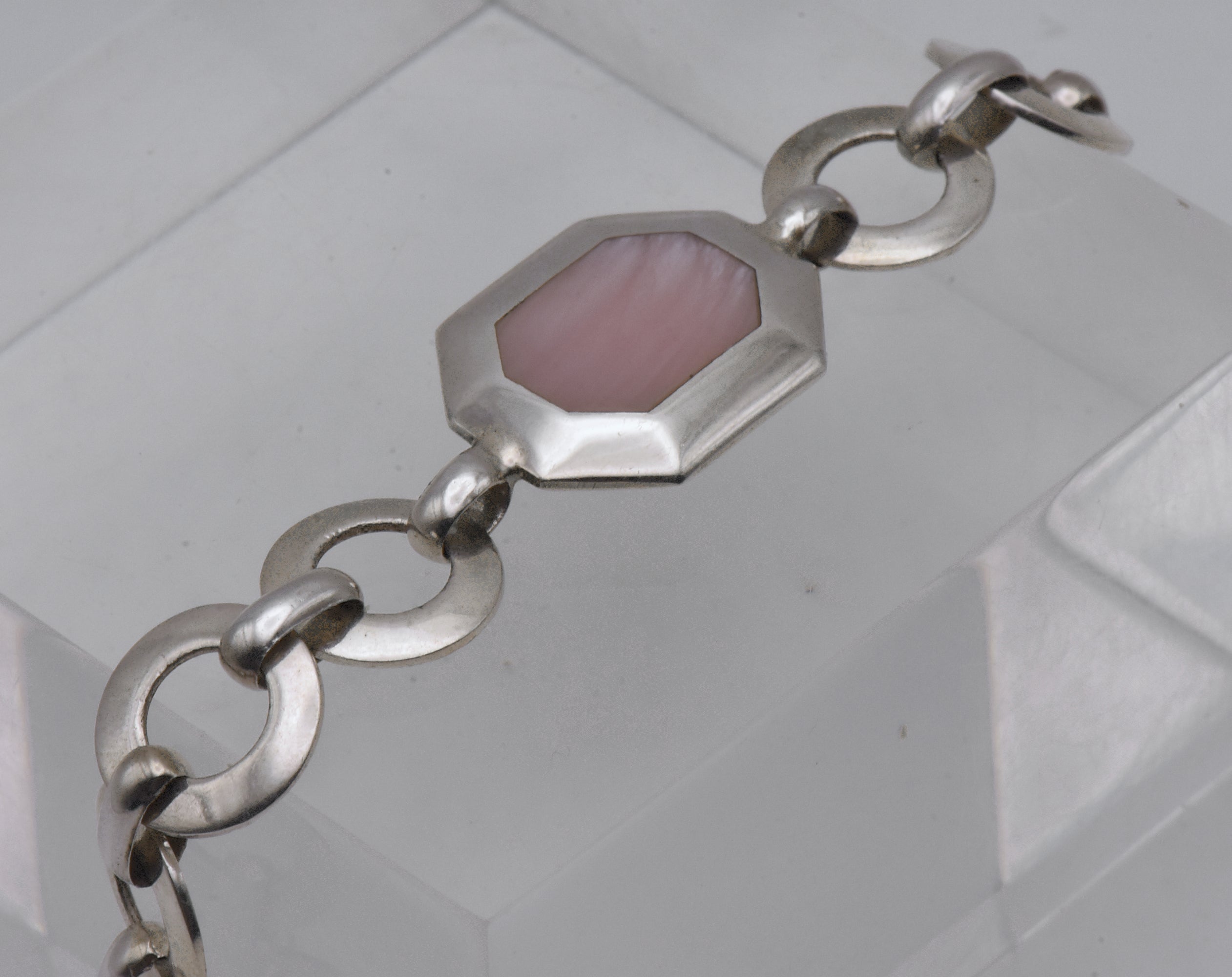 Vintage Sterling Silver and Pink Faux Mother of Pearl Link Bracelet - 7"