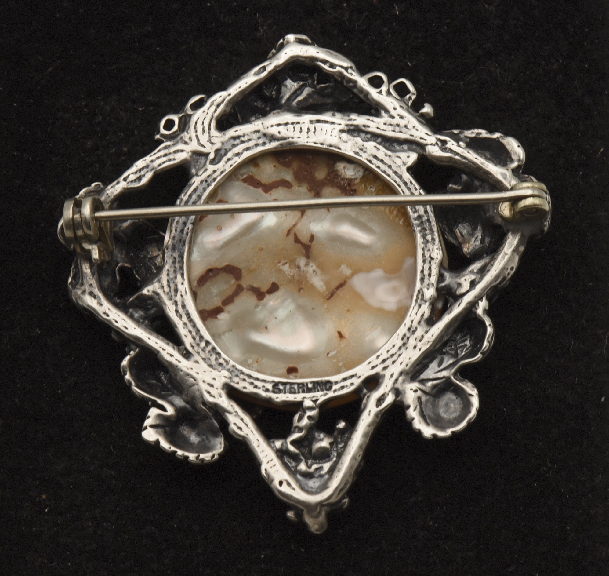 Vintage Sterling Silver Mother of Pearl Grapevine Brooch