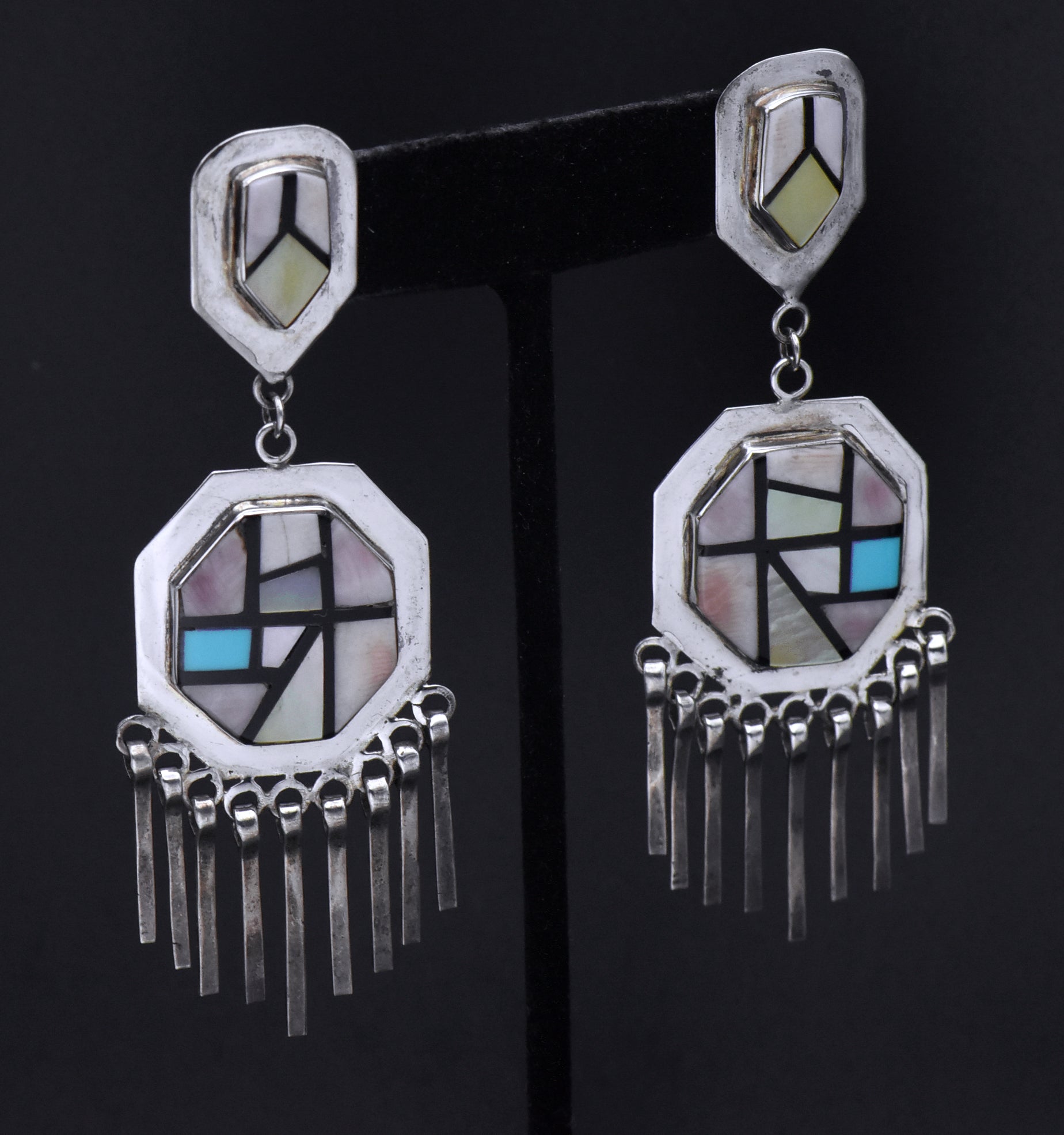 Vintage Handmade Sterling Silver Inlaid Dangle Earrings