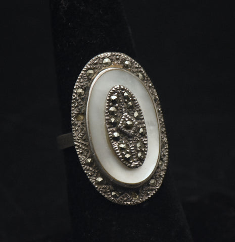 Vintage Mother of Pearl and Marcasite Sterling Silver Ring - Size 6