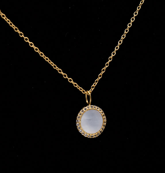 Gold Tone Sterling Silver Mother of Pearl and Topaz Pendant Necklace - 16.25"