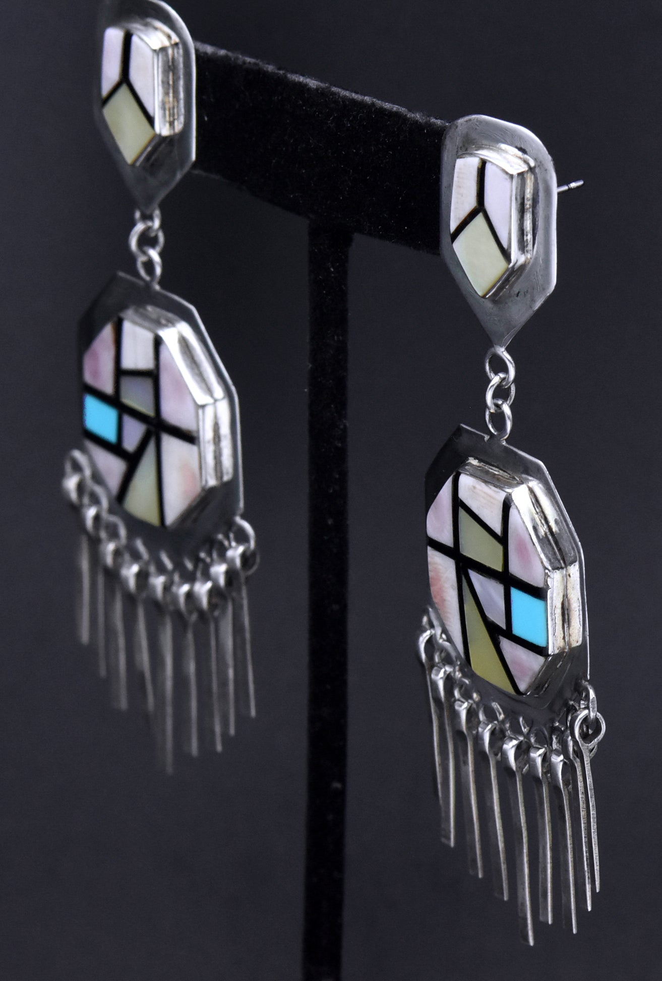 Vintage Handmade Sterling Silver Inlaid Dangle Earrings
