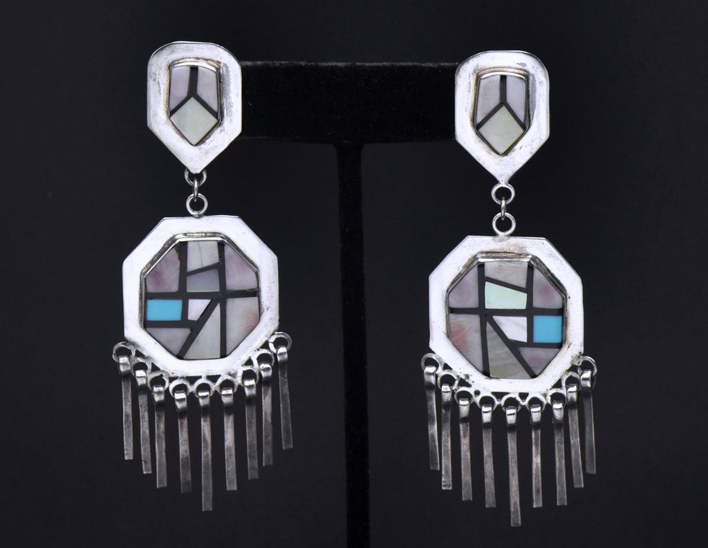 Vintage Handmade Sterling Silver Inlaid Dangle Earrings