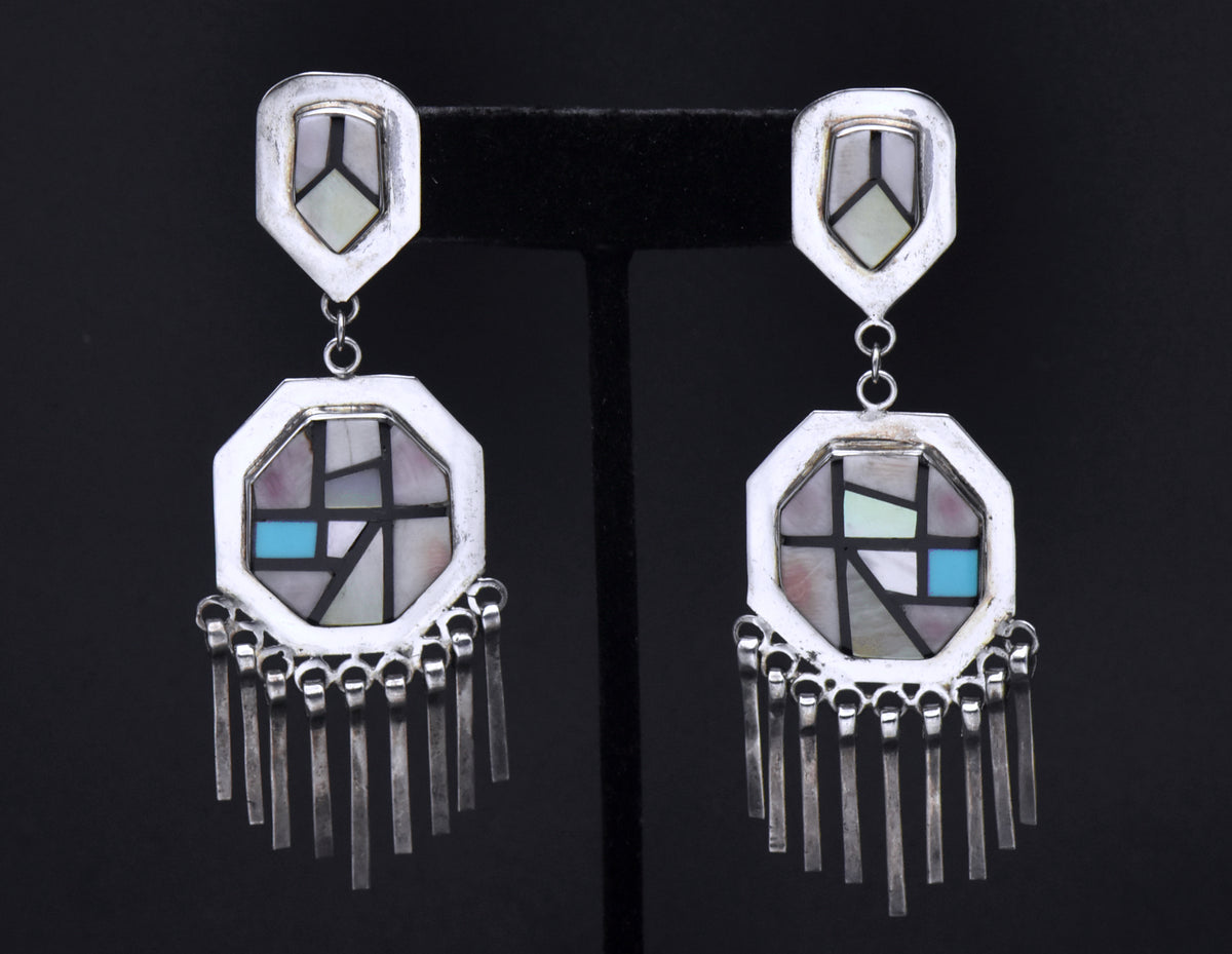 Vintage Handmade Sterling Silver Inlaid Dangle Earrings