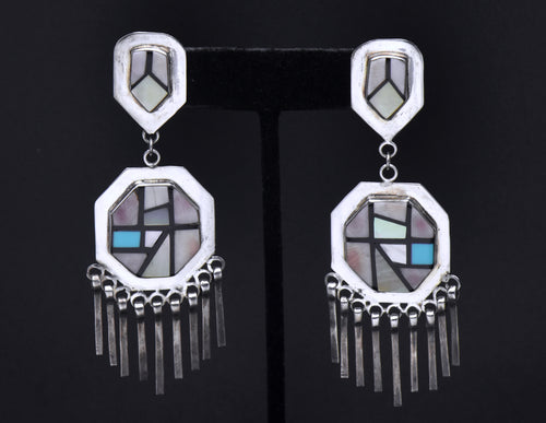 Vintage Handmade Sterling Silver Inlaid Dangle Earrings