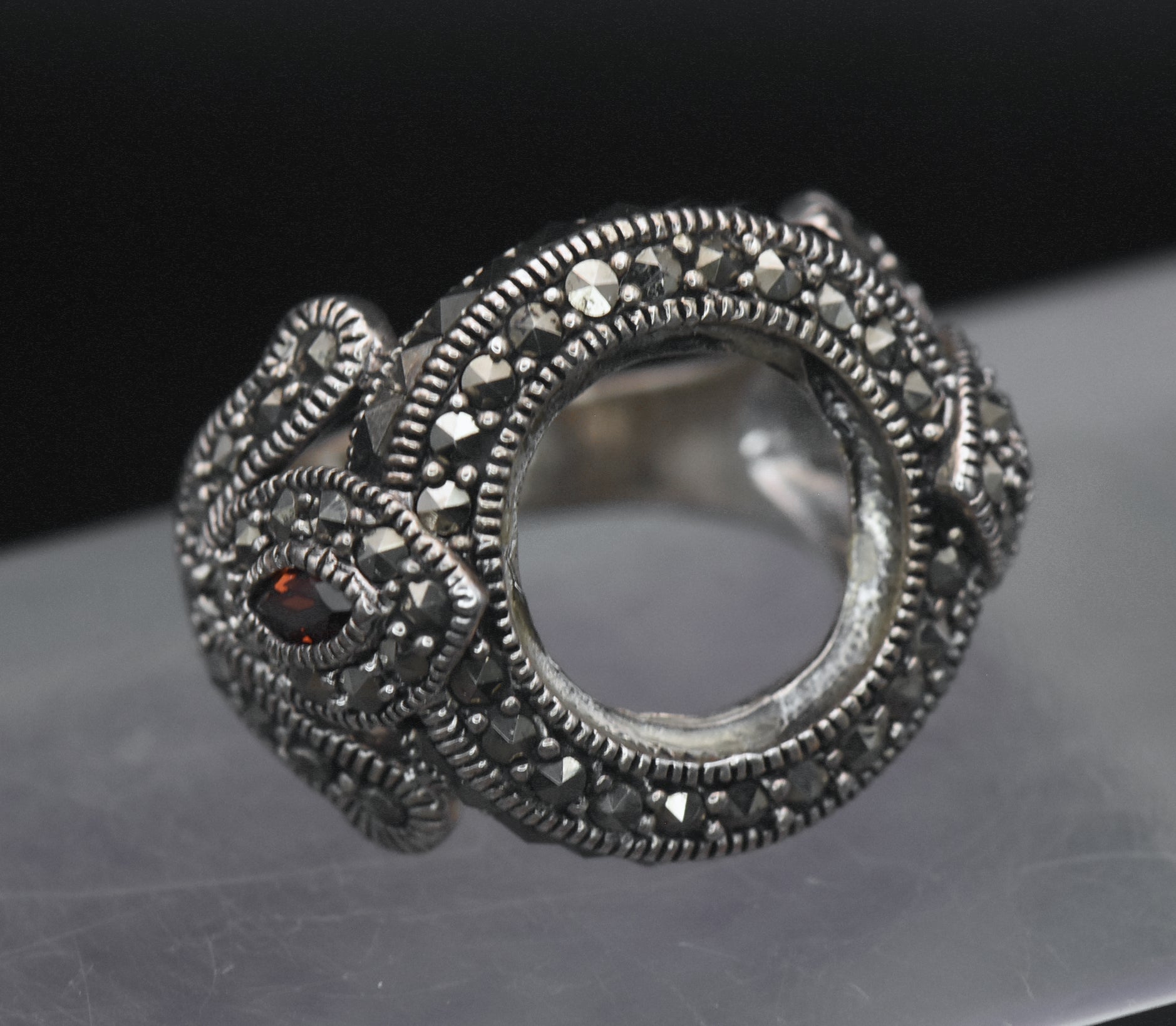 Vintage Sterling Silver Marcasite and Garnet Ring - Size 7 MISSING STONE