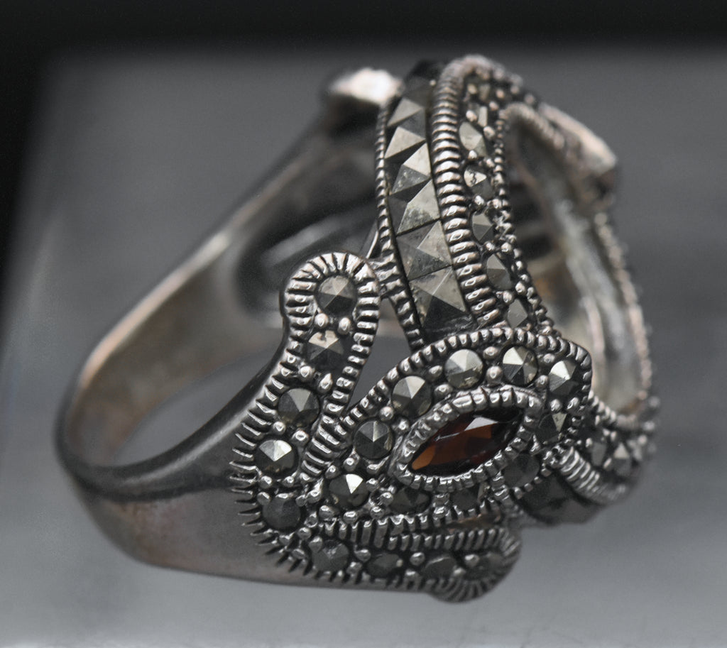 Vintage Sterling Silver Marcasite and Garnet Ring - Size 7 MISSING STONE