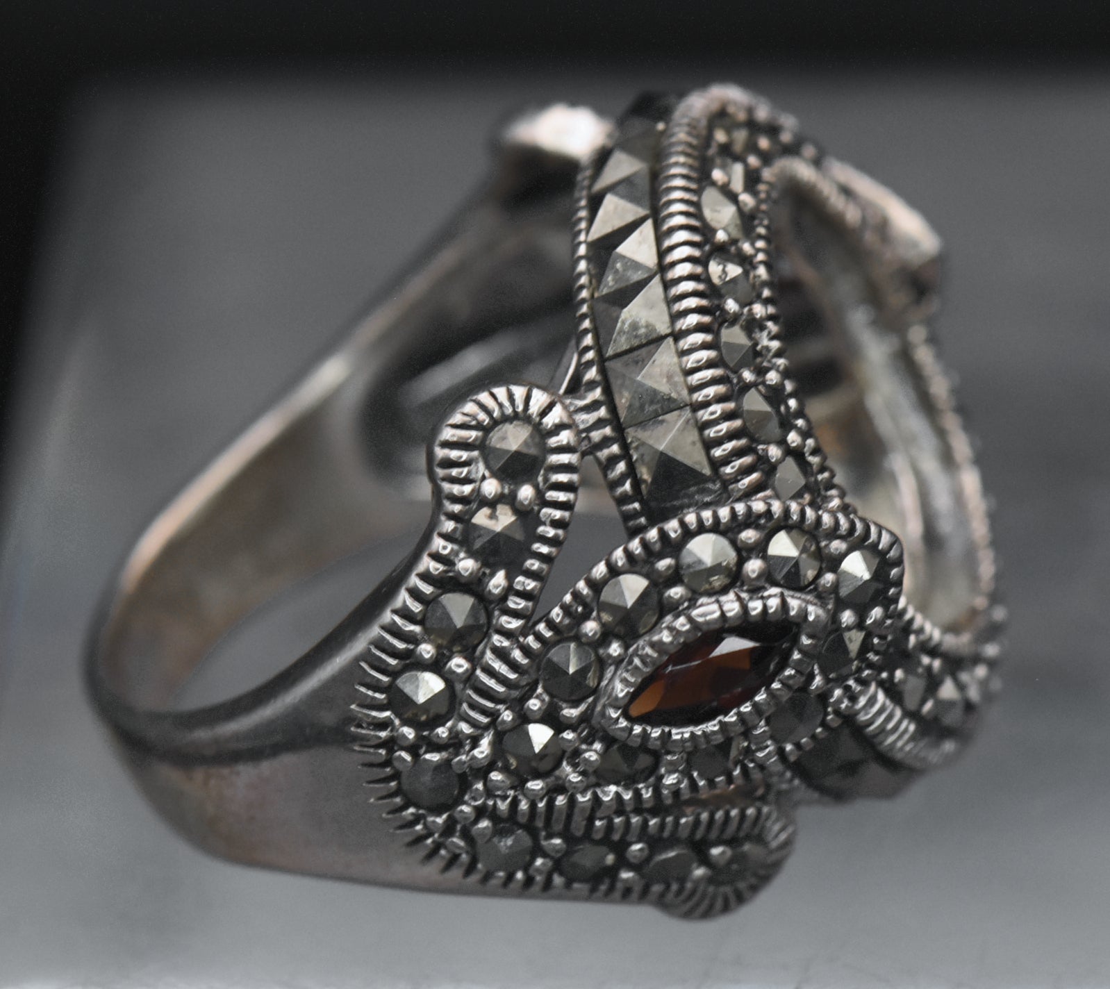 Vintage Sterling Silver Marcasite and Garnet Ring - Size 7 MISSING STONE