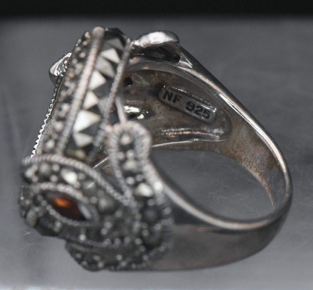 Vintage Sterling Silver Marcasite and Garnet Ring - Size 7 MISSING STONE