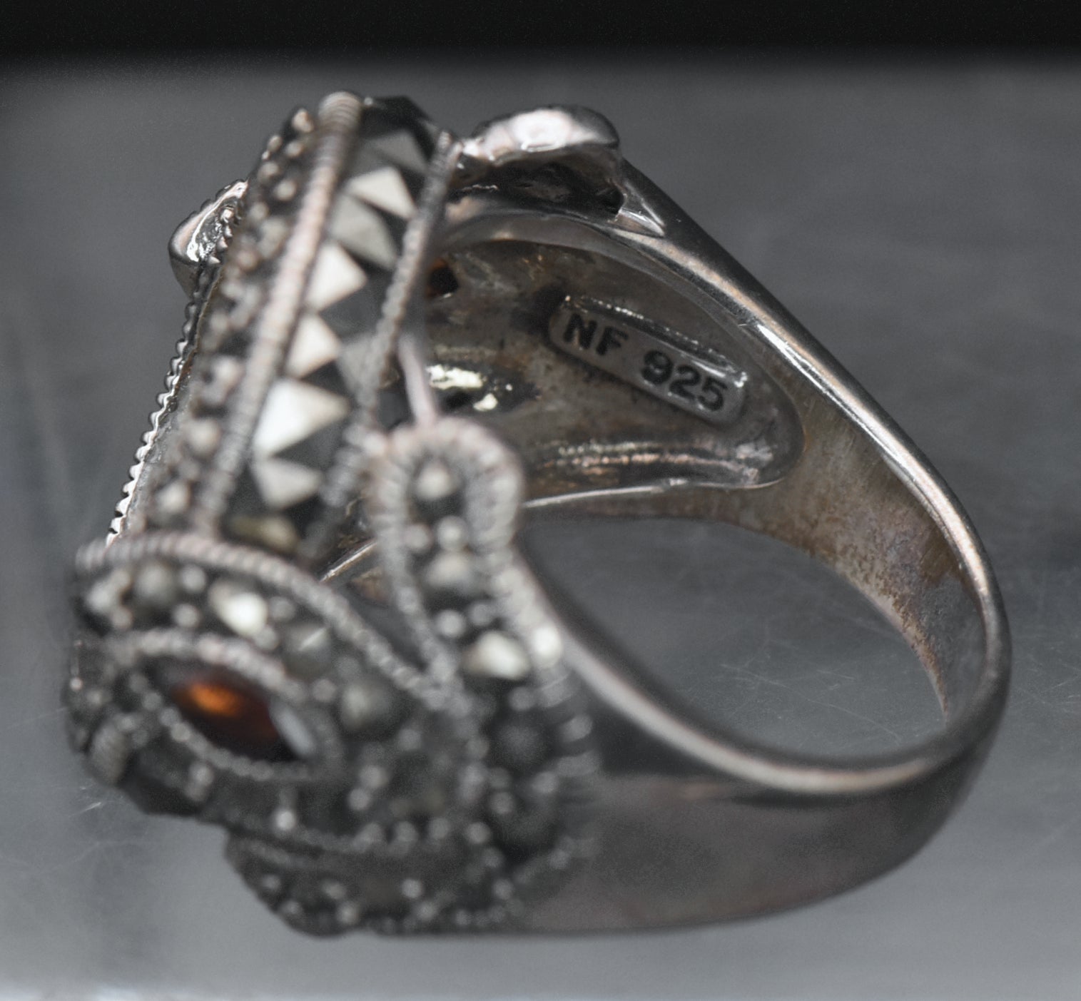 Vintage Sterling Silver Marcasite and Garnet Ring - Size 7 MISSING STONE