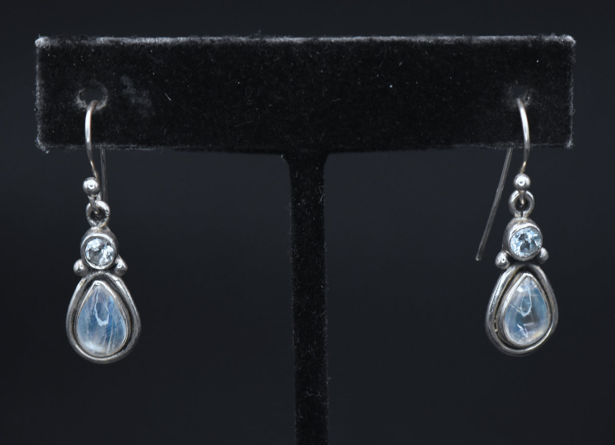 Vintage Rainbow Moonstone and Topaz Sterling Silver Dangle Earrings