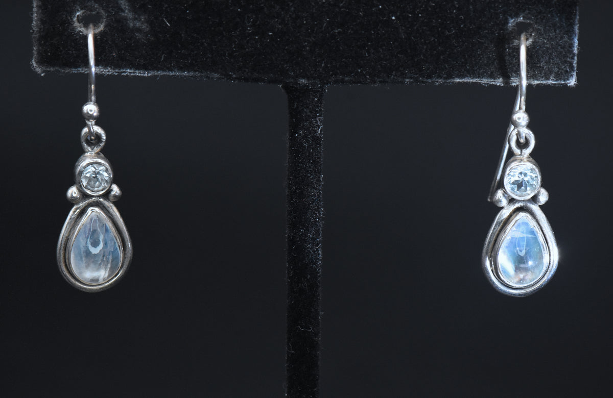 Vintage Rainbow Moonstone and Topaz Sterling Silver Dangle Earrings