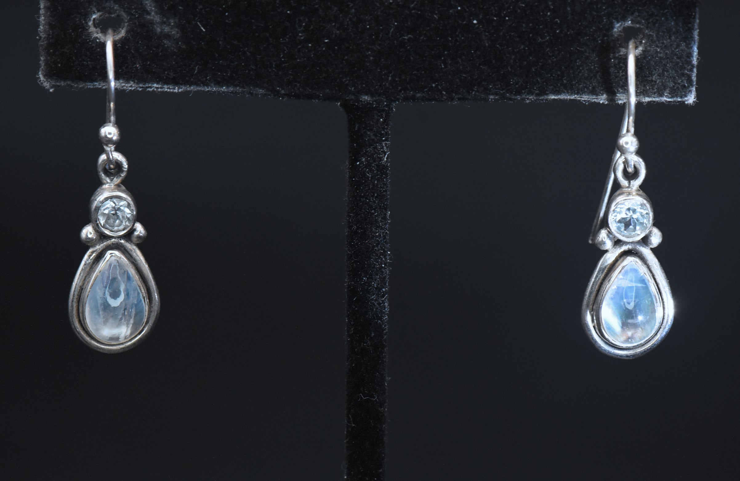 Vintage Rainbow Moonstone and Topaz Sterling Silver Dangle Earrings
