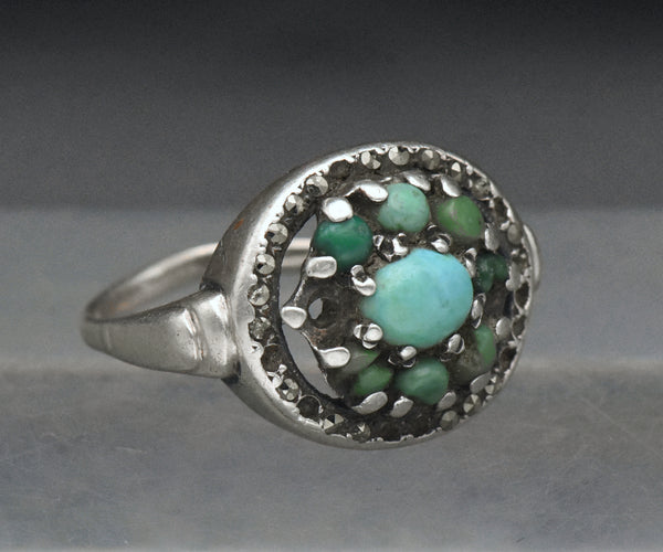 Vintage Sterling Silver Turquoise and Marcasite Ring - Size 7.25