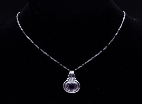 Vintage Sterling Silver Amethyst Pendant Sterling Silver Chain Necklace - 20"