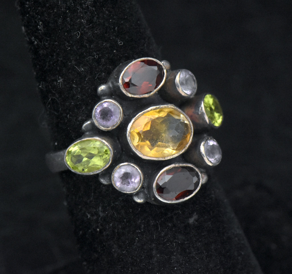 Vintage Handmade Multi-Color Gemstone Sterling Silver Ring - Size 6.25
