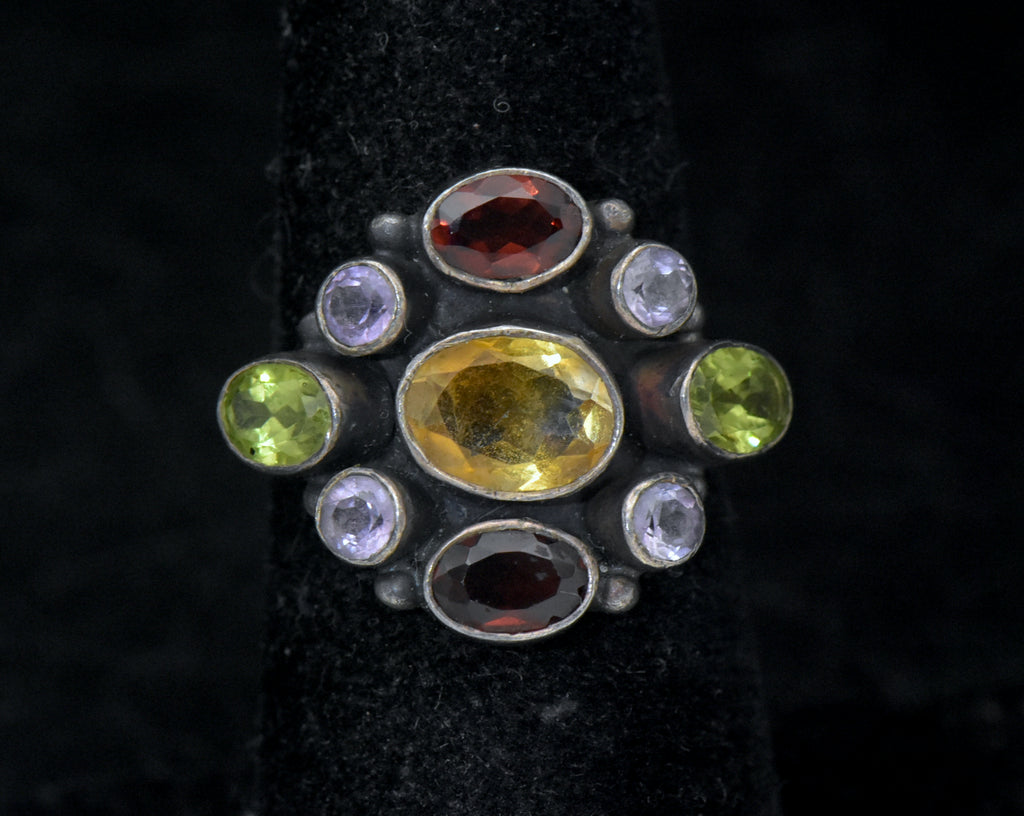 Vintage Handmade Multi-Color Gemstone Sterling Silver Ring - Size 6.25