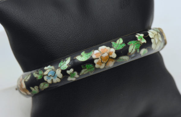 Vintage Floral Cloisonne Hinged Bangle Bracelet