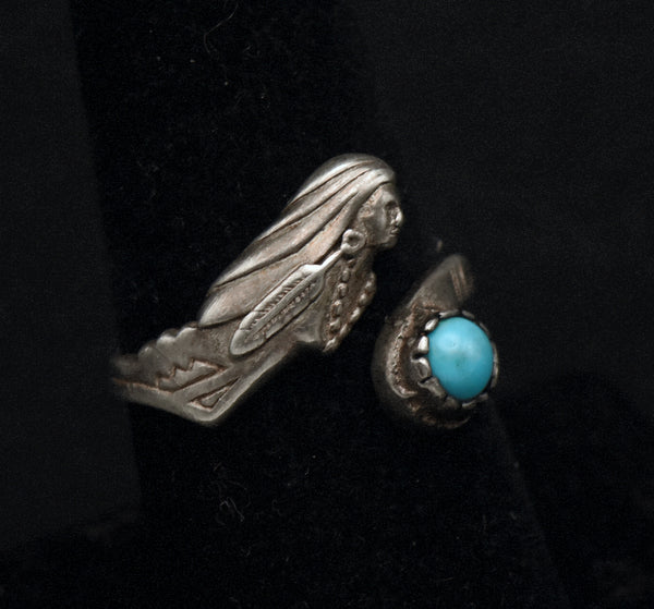 Vintage Sterling Silver and Turquoise Native American Female Bypass Band - Size 7.75+