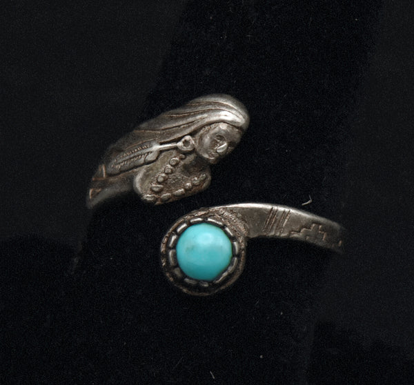 Vintage Sterling Silver and Turquoise Native American Female Bypass Band - Size 7.75+