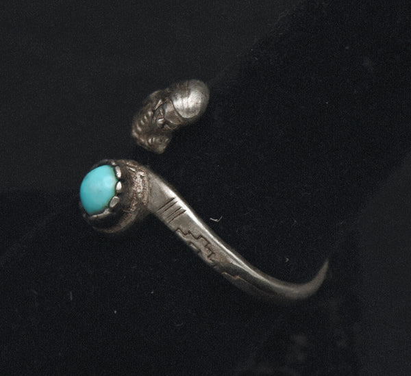 Vintage Sterling Silver and Turquoise Native American Female Bypass Band - Size 7.75+