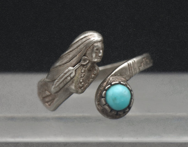 Vintage Sterling Silver and Turquoise Native American Female Bypass Band - Size 7.75+