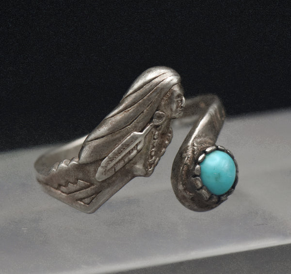 Vintage Sterling Silver and Turquoise Native American Female Bypass Band - Size 7.75+