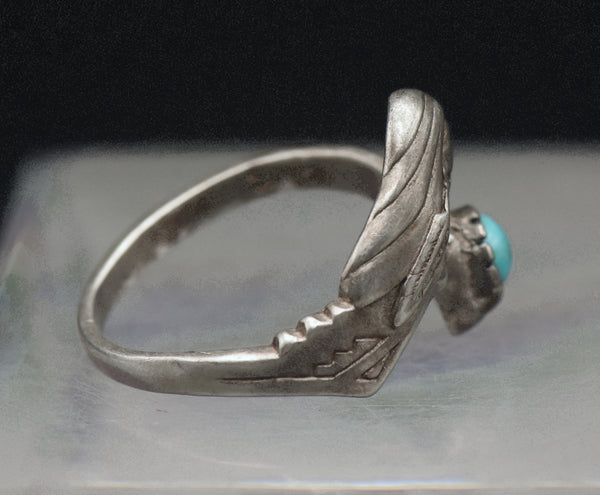 Vintage Sterling Silver and Turquoise Native American Female Bypass Band - Size 7.75+