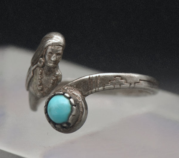 Vintage Sterling Silver and Turquoise Native American Female Bypass Band - Size 7.75+