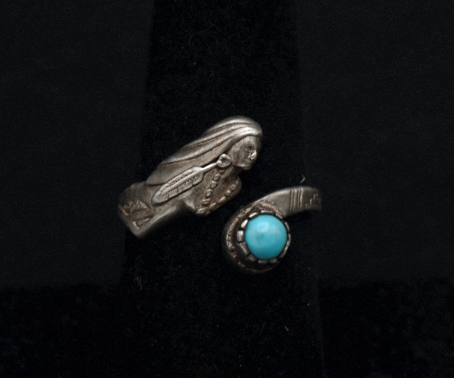 Vintage Sterling Silver and Turquoise Native American Female Bypass Band - Size 7.75+