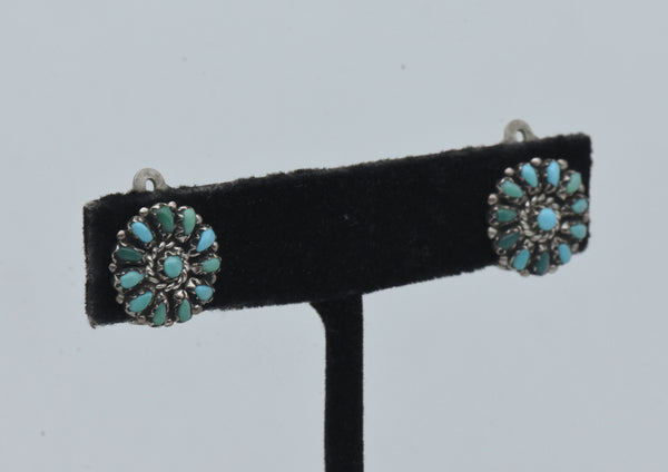 Vintage Handmade Sterling Silver and Turquoise Needlepoint Clip On Earrings