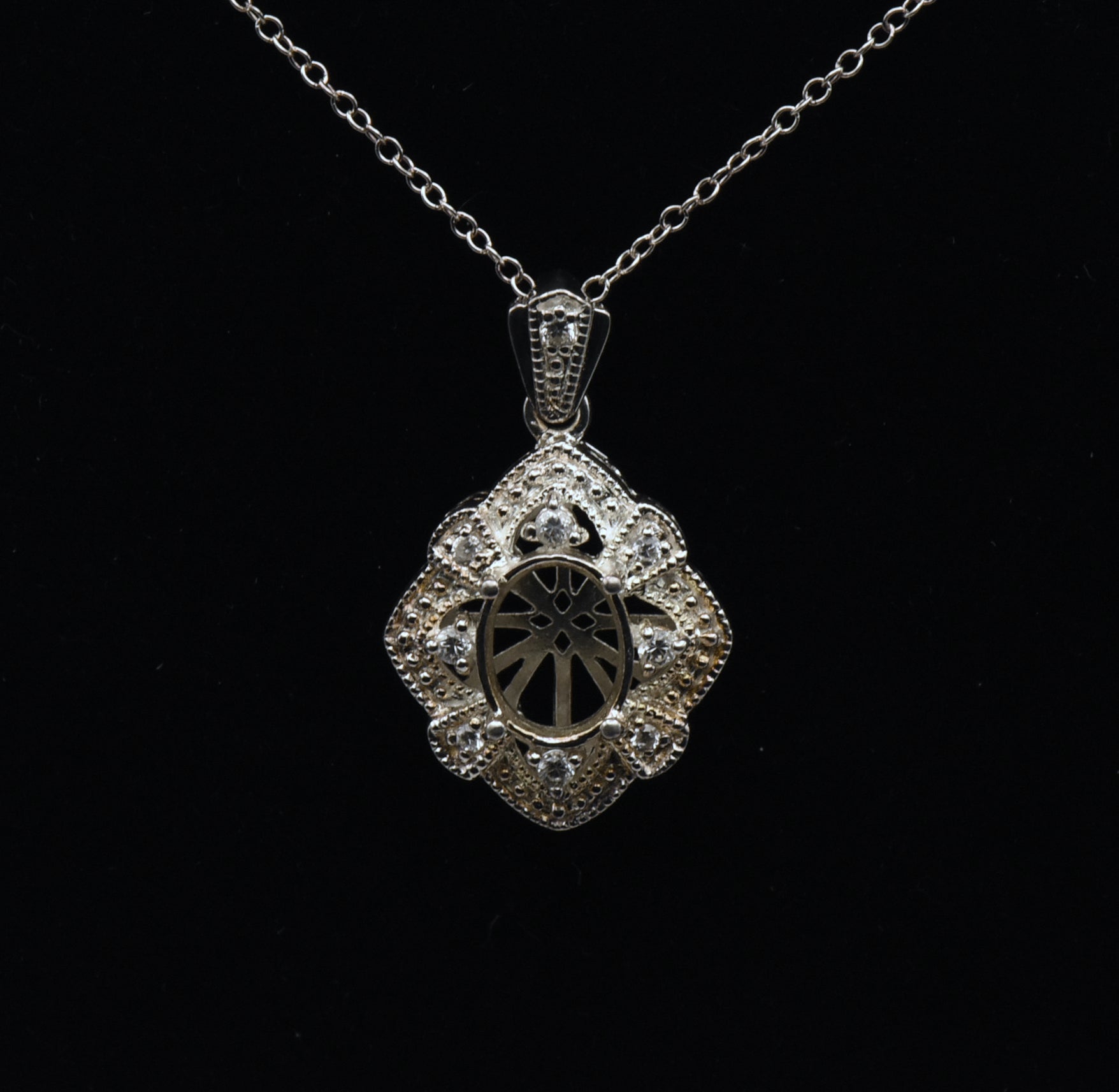 NOS Sterling Silver and Cubic Zirconia Semi-Mount Pendant on Chain Necklace - 19"
