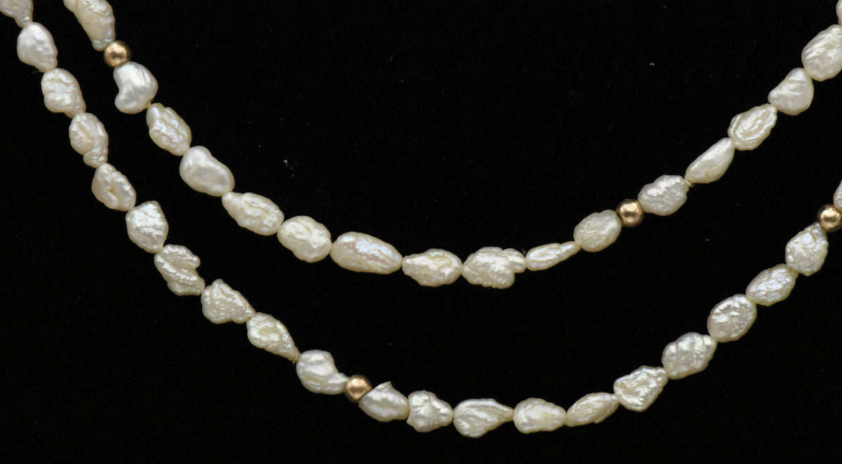 Freshwater Rice Pearl and Gold Bead Necklace - 32"