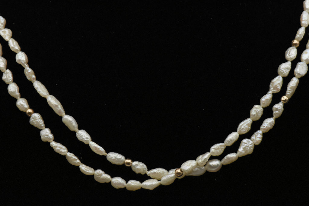 Freshwater Rice Pearl and Gold Bead Necklace - 32"