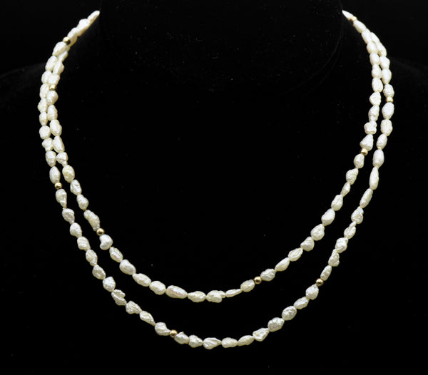 Freshwater Rice Pearl and Gold Bead Necklace - 32"