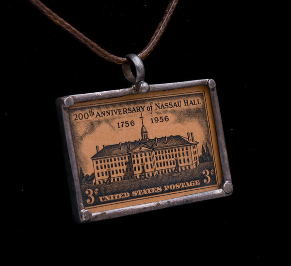 Vintage 200th Anniversary of Nassau Hall Stamp Sterling Silver Pendant Necklace