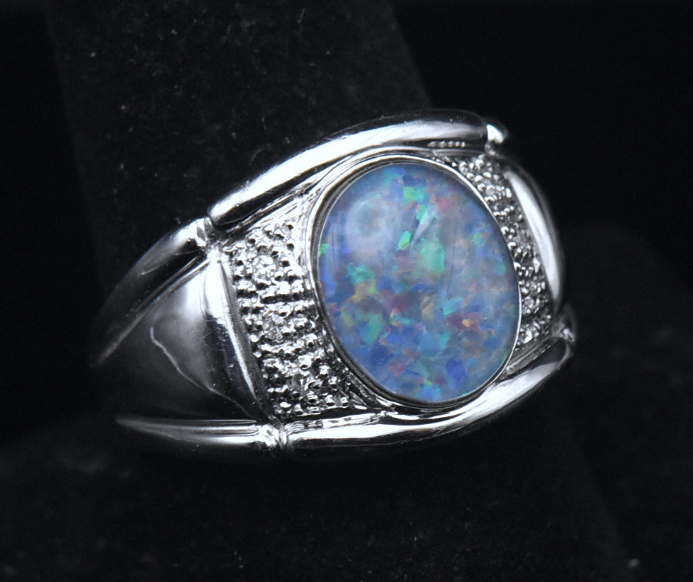 Vintage Opal Triplet and Diamonds Sterling Silver Ring - Size 9.25