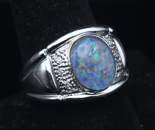 Vintage Opal Triplet and Diamonds Sterling Silver Ring - Size 9.25