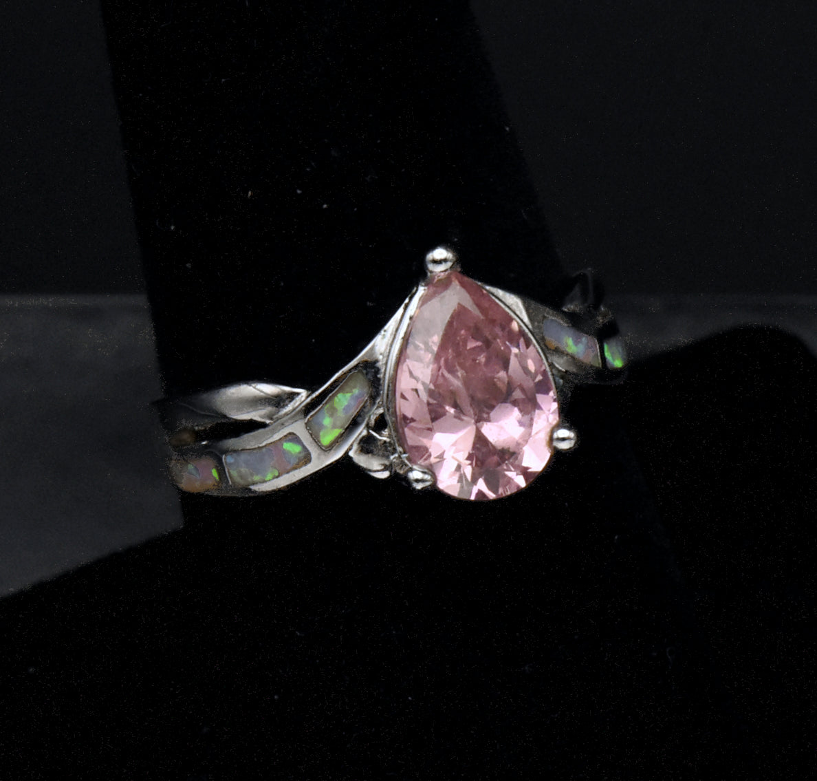 Vintage Pink Crystal and Opal Sterling Silver Ring - Size 8